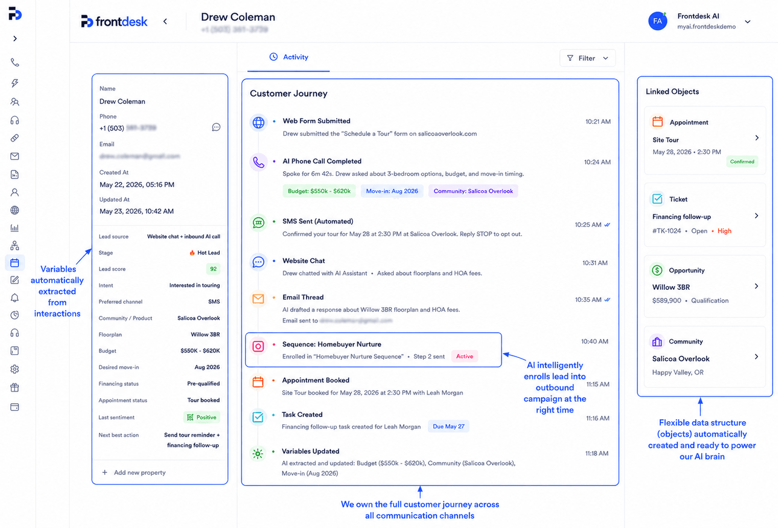 Frontdesk CRM showing contact records filled from conversations