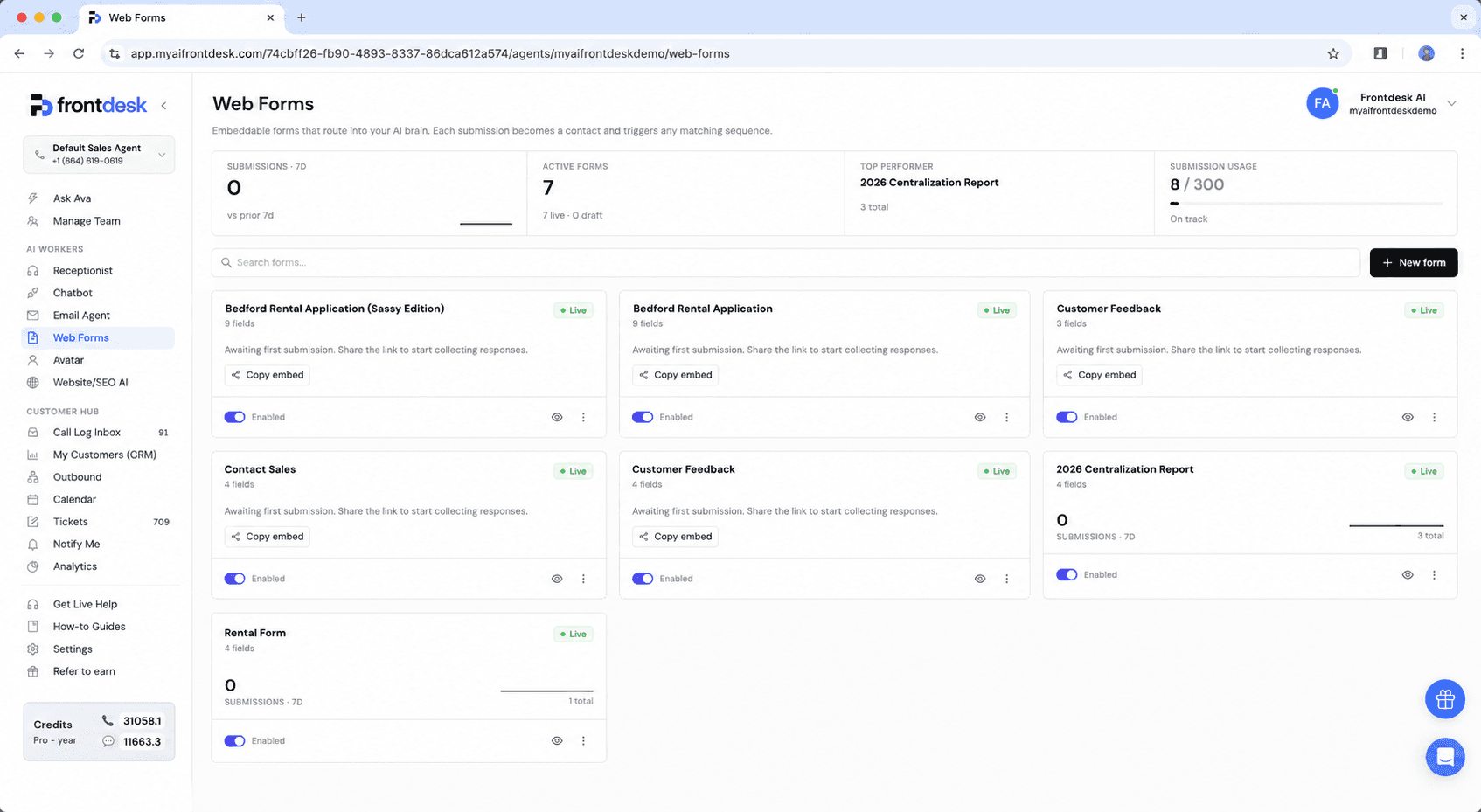 Frontdesk Web Forms dashboard with embeddable forms feeding the CRM