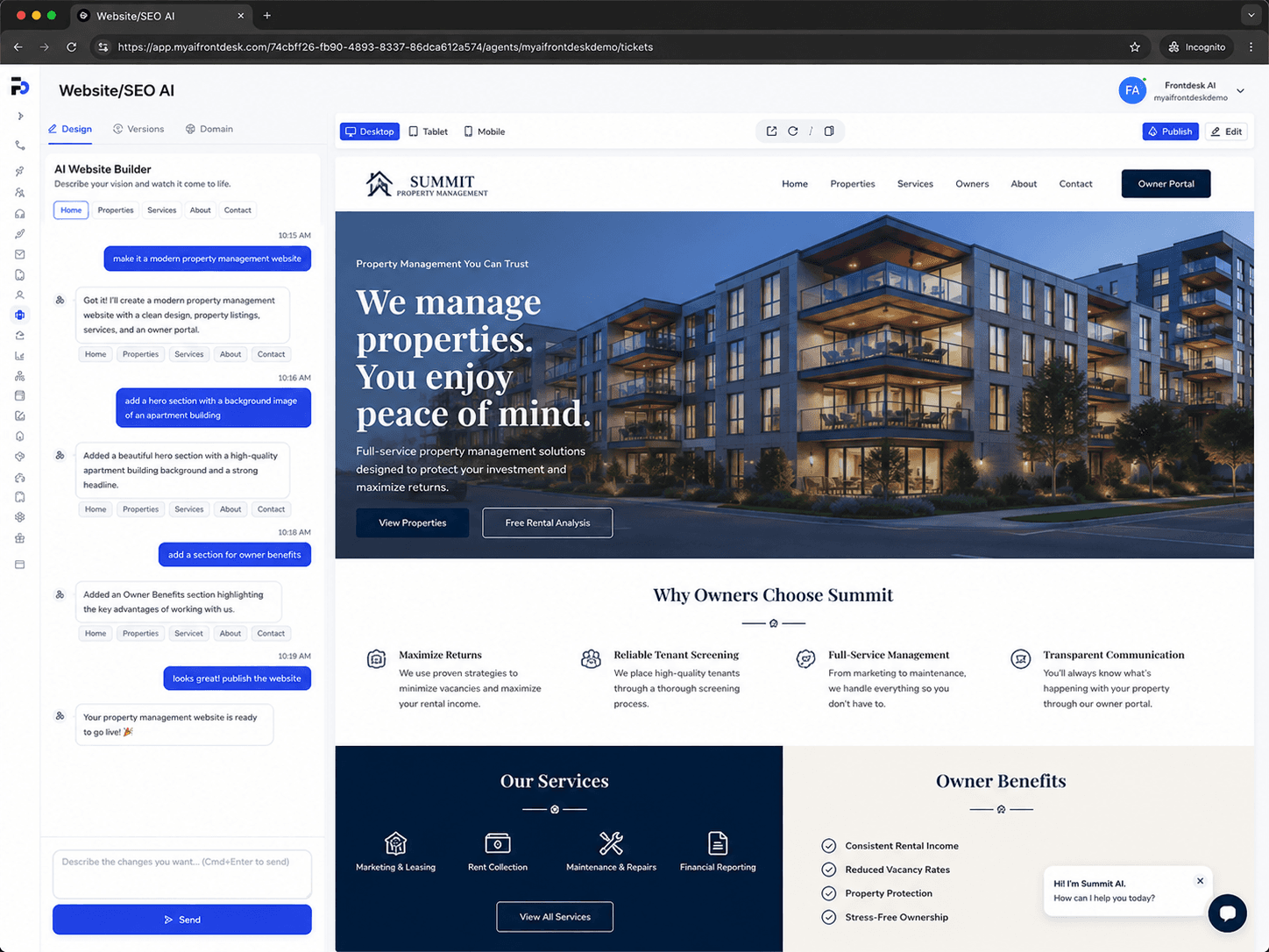 AI Frontdesk Website Builder generating a property management website in chat